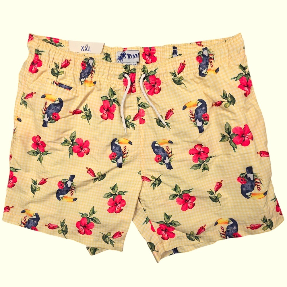 Trunks Surf & Swim Co Mens XXL Yellow Gingham Toucan Tropical Swim Shorts NWT